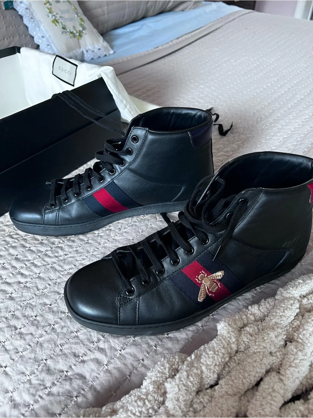 Gucci Ace Black Leather High-Top Sneakers with Red and Navy Stripe